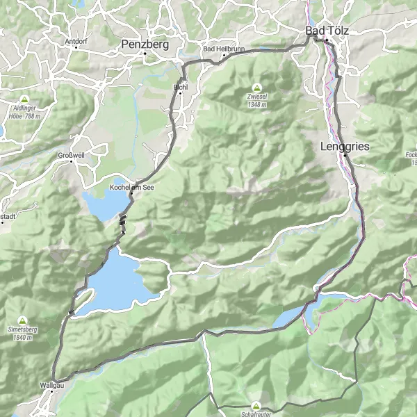 Map miniature of "Leisurely Ride through Lenggries" cycling inspiration in Oberbayern, Germany. Generated by Tarmacs.app cycling route planner