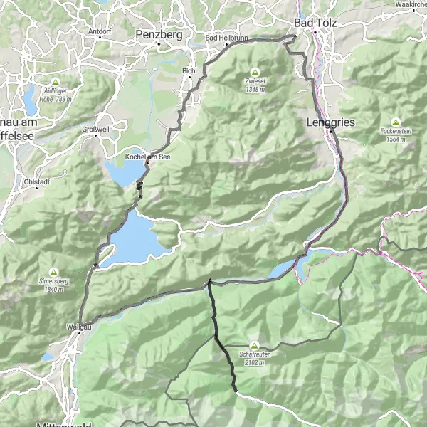 Map miniature of "Bavarian Alpine Adventure" cycling inspiration in Oberbayern, Germany. Generated by Tarmacs.app cycling route planner