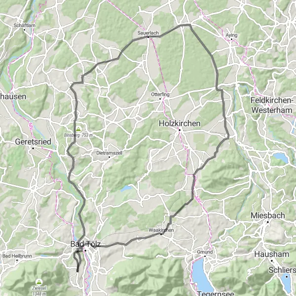 Map miniature of "Bavarian Road Adventure" cycling inspiration in Oberbayern, Germany. Generated by Tarmacs.app cycling route planner