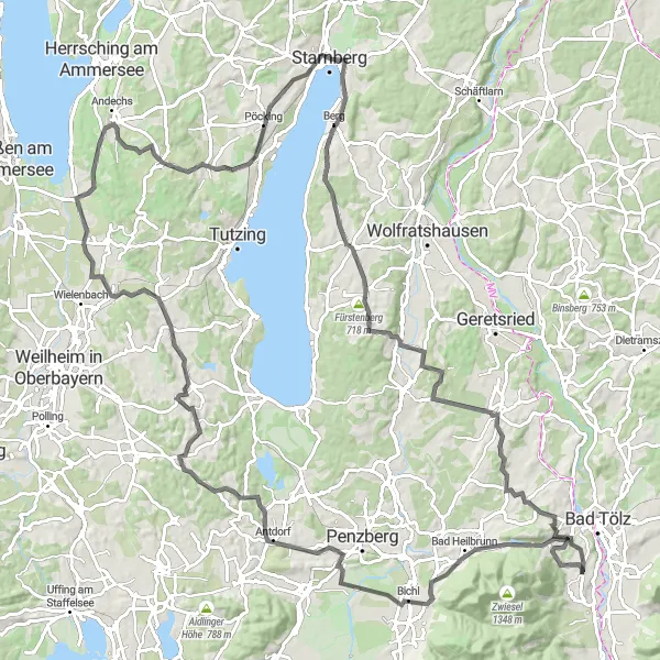 Map miniature of "Scenic Road Ride" cycling inspiration in Oberbayern, Germany. Generated by Tarmacs.app cycling route planner