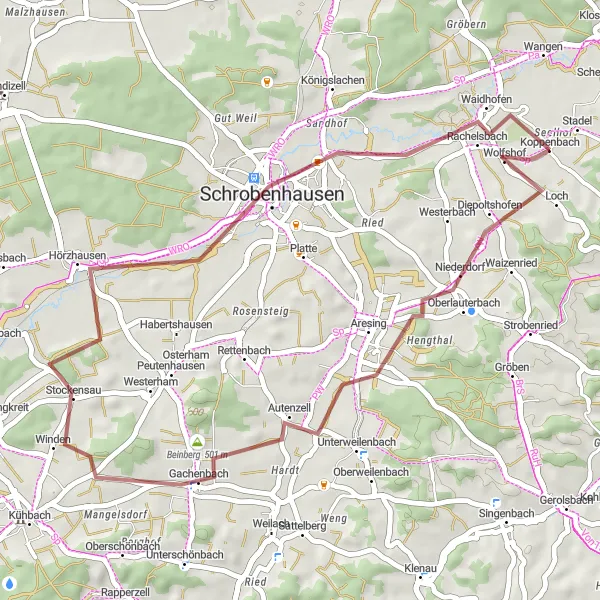 Map miniature of "Waidhofen - Aresing - Beinberg - Schrobenhausen" cycling inspiration in Oberbayern, Germany. Generated by Tarmacs.app cycling route planner