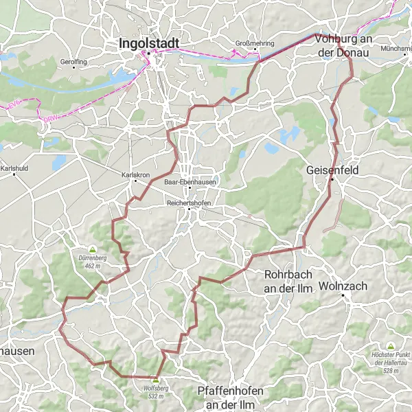 Map miniature of "Gravel Adventure through Donaucre/Altmhltal" cycling inspiration in Oberbayern, Germany. Generated by Tarmacs.app cycling route planner