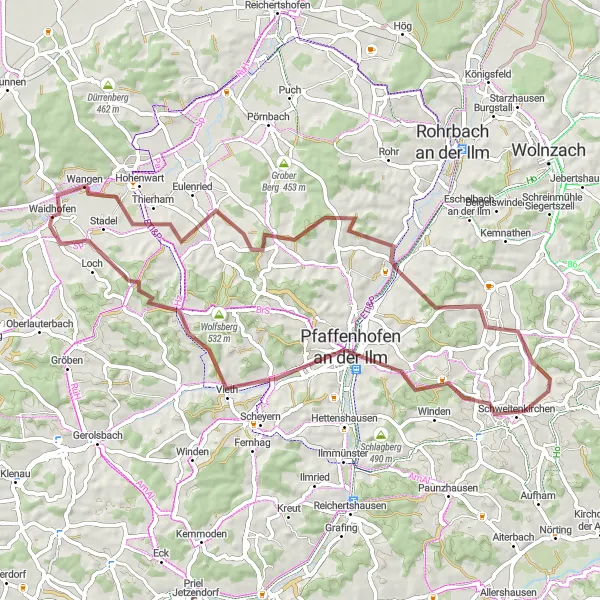 Map miniature of "Gravel Delight: Exploring Natural Beauty around Waidhofen" cycling inspiration in Oberbayern, Germany. Generated by Tarmacs.app cycling route planner