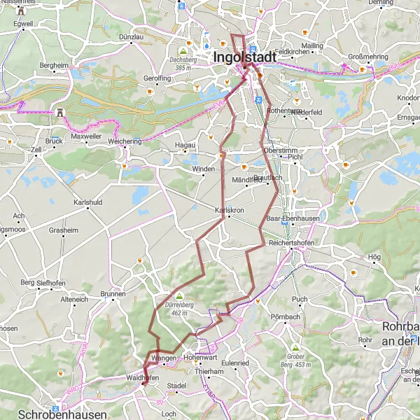Map miniature of "Waidhofen - Geißberg - Deimhausen - Unsernherrn - Pfeifturm - Ingolstadt - Karlskron - Dürrenberg" cycling inspiration in Oberbayern, Germany. Generated by Tarmacs.app cycling route planner