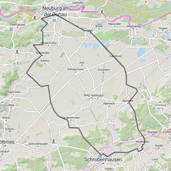 Map miniature of "Waidhofen - Langenmosen - Rohrenfels - Ottheinrich Turm - Schloss Neuburg - Karlshuld - Waidhofen" cycling inspiration in Oberbayern, Germany. Generated by Tarmacs.app cycling route planner