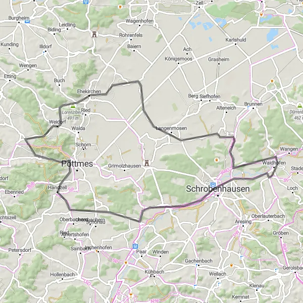 Map miniature of "Waidhofen - Schrobenhausen - Unterbachern - Pöttmes - Lorenziberg - Langenmosen - Waidhofen" cycling inspiration in Oberbayern, Germany. Generated by Tarmacs.app cycling route planner