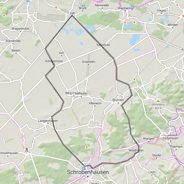 Map miniature of "Waidhofen - Schrobenhausen - Königsmoos - Karlshuld - Niederarnbach" cycling inspiration in Oberbayern, Germany. Generated by Tarmacs.app cycling route planner