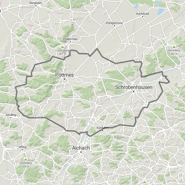 Map miniature of "Scenic Road Cycling Adventure: Aresing and Beyond" cycling inspiration in Oberbayern, Germany. Generated by Tarmacs.app cycling route planner