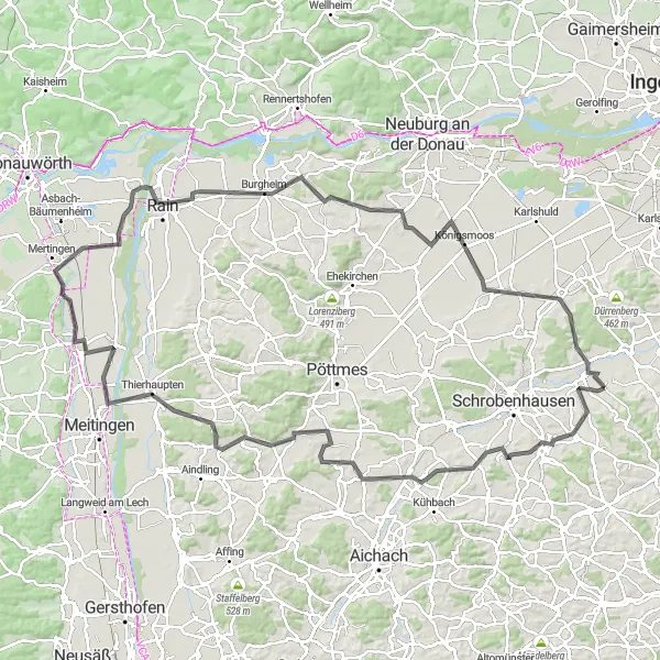 Map miniature of "Road Cycling Journey through Landscapes of Aresing and Beyond" cycling inspiration in Oberbayern, Germany. Generated by Tarmacs.app cycling route planner