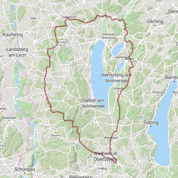 Map miniature of "Explore the Countryside" cycling inspiration in Oberbayern, Germany. Generated by Tarmacs.app cycling route planner