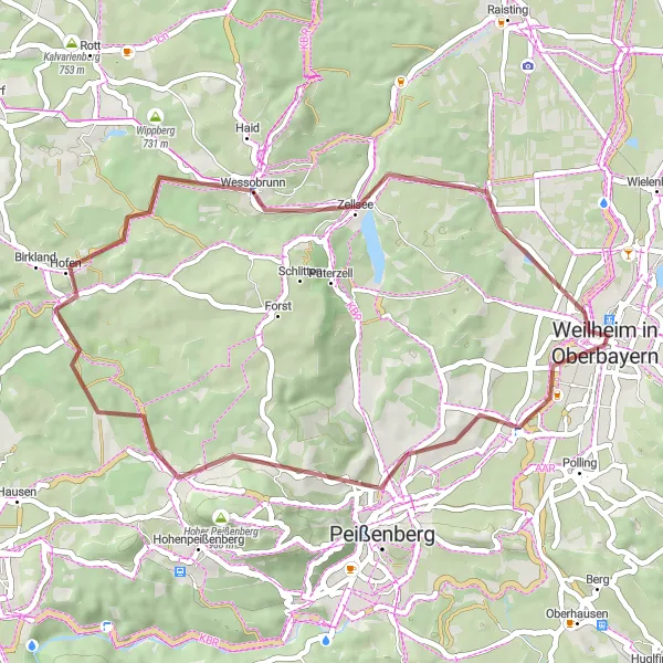 Map miniature of "Scenic Gravel Tour" cycling inspiration in Oberbayern, Germany. Generated by Tarmacs.app cycling route planner