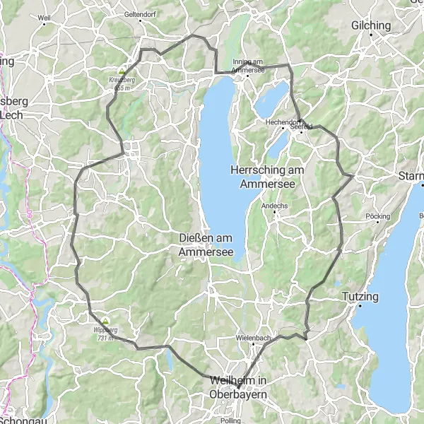 Map miniature of "Wessobrunn Loop" cycling inspiration in Oberbayern, Germany. Generated by Tarmacs.app cycling route planner