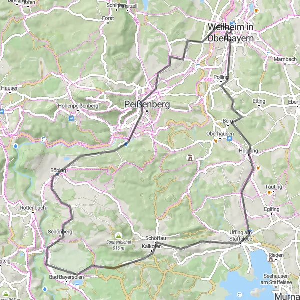 Map miniature of "Bavarian Hills Challenge" cycling inspiration in Oberbayern, Germany. Generated by Tarmacs.app cycling route planner