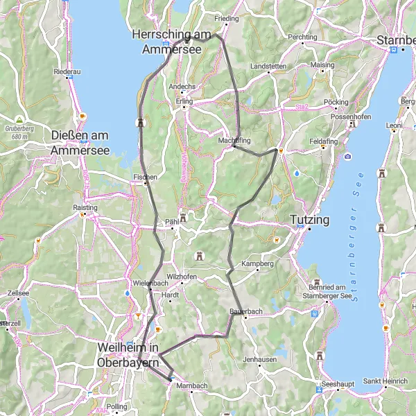 Map miniature of "Scenic Road Loop" cycling inspiration in Oberbayern, Germany. Generated by Tarmacs.app cycling route planner