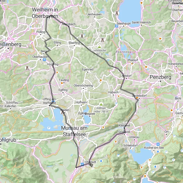 Map miniature of "Roads and Lakes Tour" cycling inspiration in Oberbayern, Germany. Generated by Tarmacs.app cycling route planner