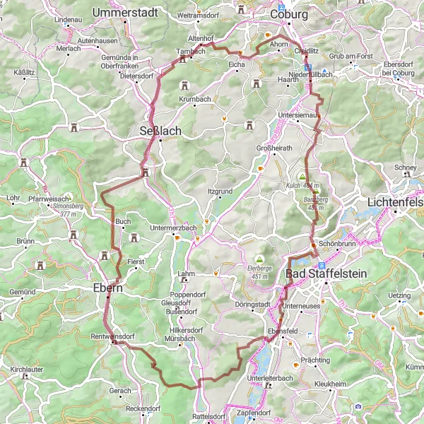 Karten-Miniaturansicht der Radinspiration "Rundtour von Ahorn nach Seßlach und zurück" in Oberfranken, Germany. Erstellt vom Tarmacs.app-Routenplaner für Radtouren