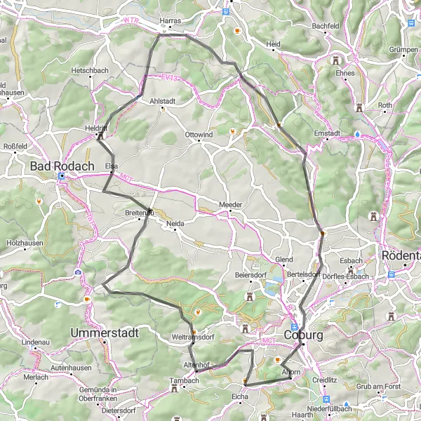 Karten-Miniaturansicht der Radinspiration "Bergige Straßen um Ahorn" in Oberfranken, Germany. Erstellt vom Tarmacs.app-Routenplaner für Radtouren