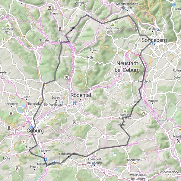 Karten-Miniaturansicht der Radinspiration "Herausfordernde Steigungen um Coburg" in Oberfranken, Germany. Erstellt vom Tarmacs.app-Routenplaner für Radtouren