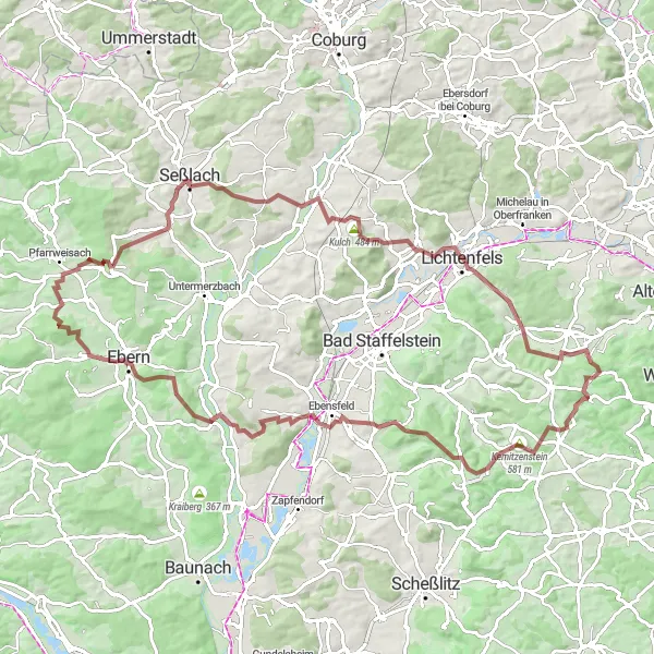 Karten-Miniaturansicht der Radinspiration "Gravel-Abenteuer um Großheirath" in Oberfranken, Germany. Erstellt vom Tarmacs.app-Routenplaner für Radtouren