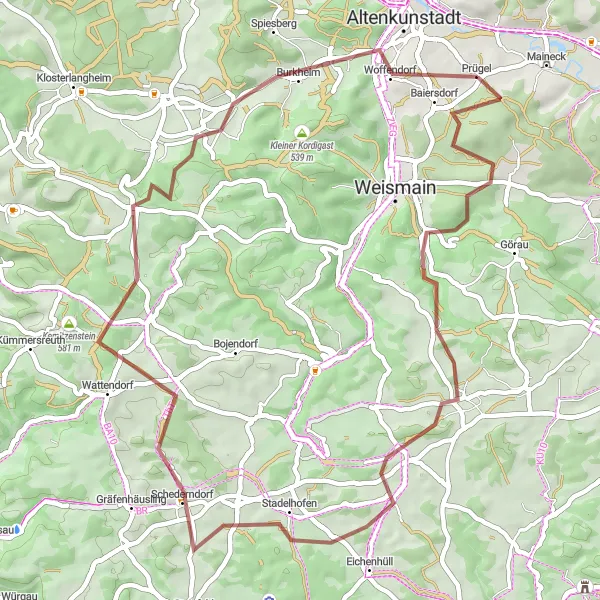 Map miniature of "Discover the Beauty of Franconian Switzerland" cycling inspiration in Oberfranken, Germany. Generated by Tarmacs.app cycling route planner