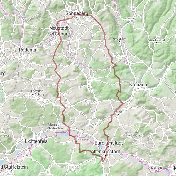 Map miniature of "Coburg Countryside Gravel Ride" cycling inspiration in Oberfranken, Germany. Generated by Tarmacs.app cycling route planner