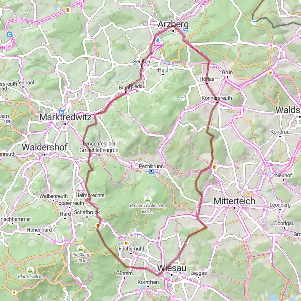 Map miniature of "Arzberg Gravel Loop" cycling inspiration in Oberfranken, Germany. Generated by Tarmacs.app cycling route planner