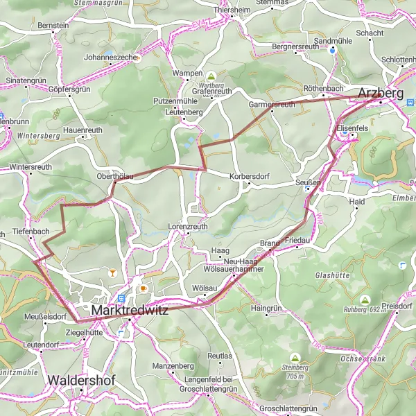 Map miniature of "Off the Beaten Path" cycling inspiration in Oberfranken, Germany. Generated by Tarmacs.app cycling route planner