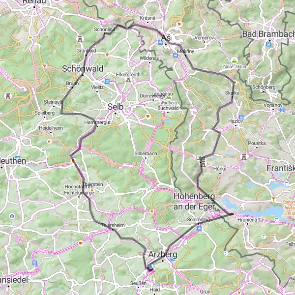 Map miniature of "Thiersheim and Schönwald Loop" cycling inspiration in Oberfranken, Germany. Generated by Tarmacs.app cycling route planner