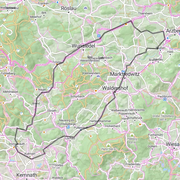 Karten-Miniaturansicht der Radinspiration "Durch die Oberpfalz: Marktredwitz - Wartberg" in Oberfranken, Germany. Erstellt vom Tarmacs.app-Routenplaner für Radtouren