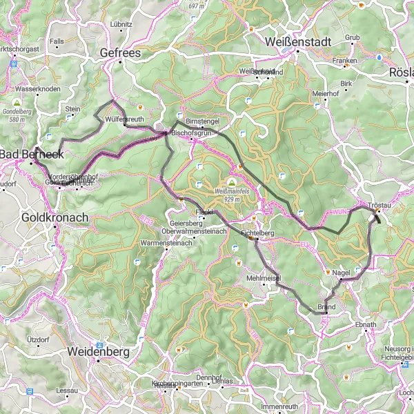Map miniature of "Hügel Route" cycling inspiration in Oberfranken, Germany. Generated by Tarmacs.app cycling route planner