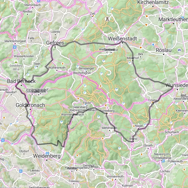Map miniature of "Fichtelgebirge Hilly Ride" cycling inspiration in Oberfranken, Germany. Generated by Tarmacs.app cycling route planner