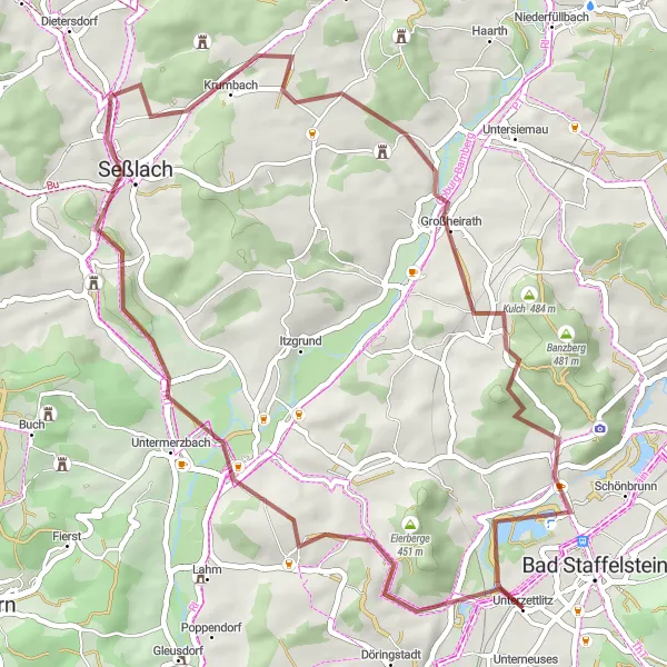 Karten-Miniaturansicht der Radinspiration "Rundfahrt von Bad Staffelstein nach Untermerzbach" in Oberfranken, Germany. Erstellt vom Tarmacs.app-Routenplaner für Radtouren