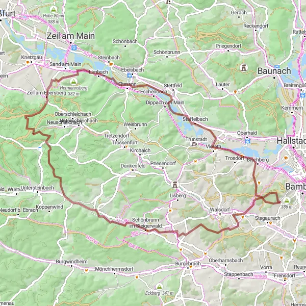 Map miniature of "Idyllic Gravel Route in Oberfranken" cycling inspiration in Oberfranken, Germany. Generated by Tarmacs.app cycling route planner