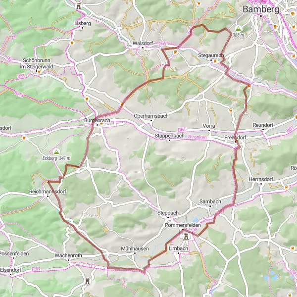 Map miniature of "Pommersfelden Gravel Adventure" cycling inspiration in Oberfranken, Germany. Generated by Tarmacs.app cycling route planner