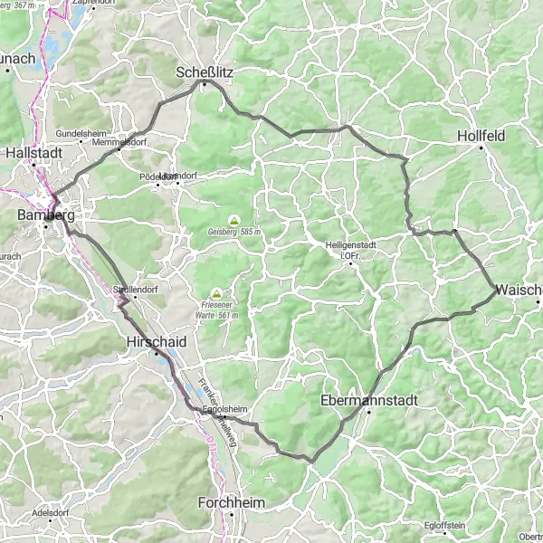 Map miniature of "Bamberg and Surrounding Delights" cycling inspiration in Oberfranken, Germany. Generated by Tarmacs.app cycling route planner