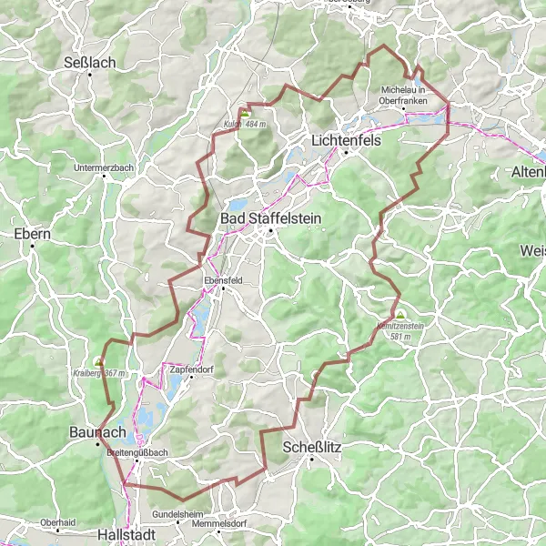 Map miniature of "Gravel Adventure near Baunach" cycling inspiration in Oberfranken, Germany. Generated by Tarmacs.app cycling route planner