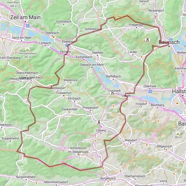 Karten-Miniaturansicht der Radinspiration "Gravel-Abenteuer Theinheim-Veitenstein" in Oberfranken, Germany. Erstellt vom Tarmacs.app-Routenplaner für Radtouren