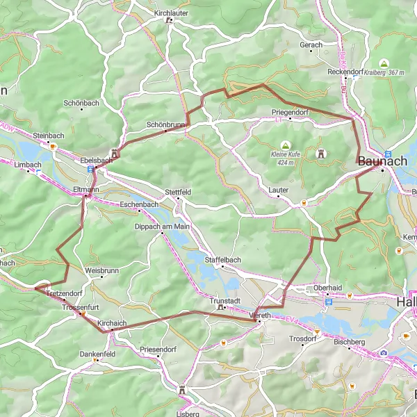 Map miniature of "Eltmann Trail" cycling inspiration in Oberfranken, Germany. Generated by Tarmacs.app cycling route planner