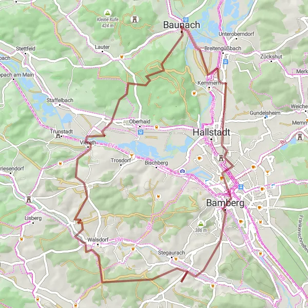 Karten-Miniaturansicht der Radinspiration "Gravel-Rundtour von Baunach nach Bamberg" in Oberfranken, Germany. Erstellt vom Tarmacs.app-Routenplaner für Radtouren