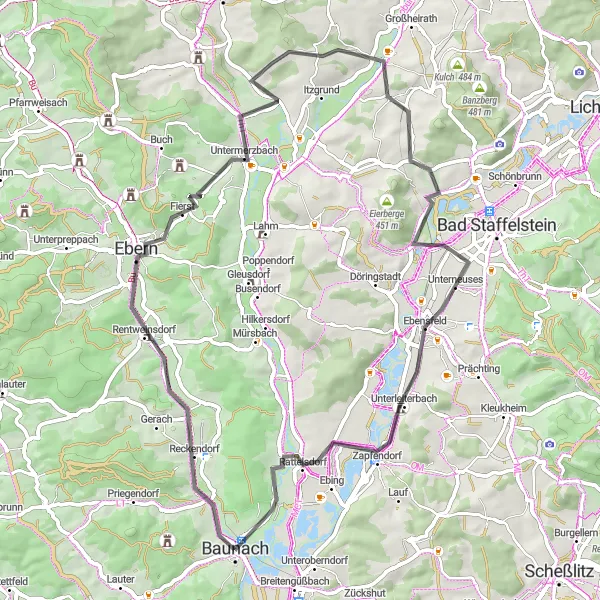 Map miniature of "Baunach to Ebensfeld" cycling inspiration in Oberfranken, Germany. Generated by Tarmacs.app cycling route planner