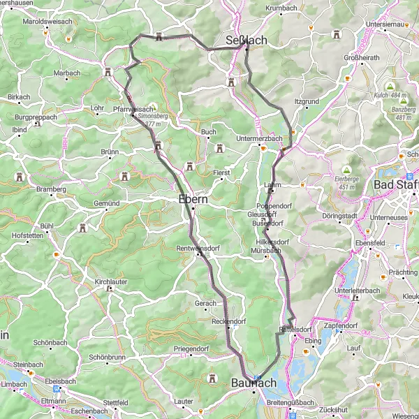 Map miniature of "Hassberge Explore" cycling inspiration in Oberfranken, Germany. Generated by Tarmacs.app cycling route planner