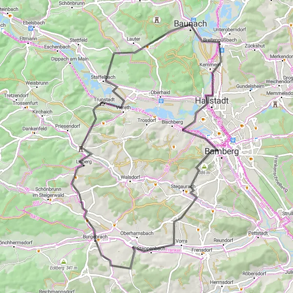 Karten-Miniaturansicht der Radinspiration "Road-Tour von Baunach nach Lisberg" in Oberfranken, Germany. Erstellt vom Tarmacs.app-Routenplaner für Radtouren