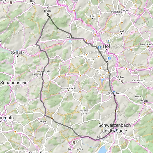 Map miniature of "Köditz Loop" cycling inspiration in Oberfranken, Germany. Generated by Tarmacs.app cycling route planner