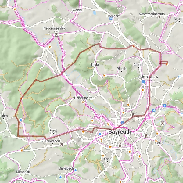 Map miniature of "Bindlach Scenic Gravel Loop" cycling inspiration in Oberfranken, Germany. Generated by Tarmacs.app cycling route planner