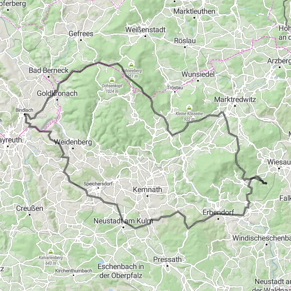 Map miniature of "Bindlach to Goldkronach Loop" cycling inspiration in Oberfranken, Germany. Generated by Tarmacs.app cycling route planner