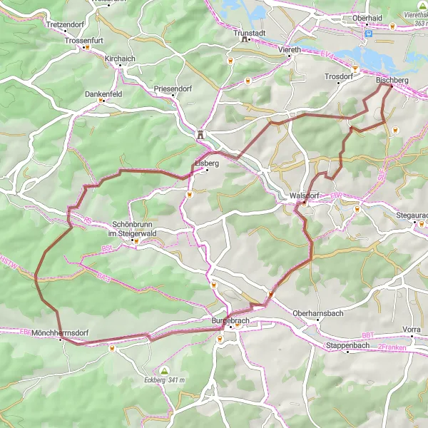 Map miniature of "Up and Down Vogelberg" cycling inspiration in Oberfranken, Germany. Generated by Tarmacs.app cycling route planner