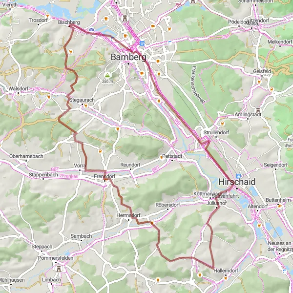 Map miniature of "Scenic Gravel Ride to Weipelsdorf" cycling inspiration in Oberfranken, Germany. Generated by Tarmacs.app cycling route planner