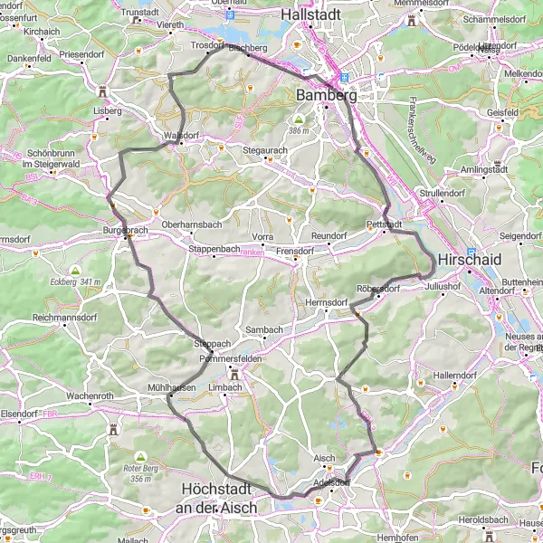 Map miniature of "The Road Less Traveled in Oberfranken" cycling inspiration in Oberfranken, Germany. Generated by Tarmacs.app cycling route planner