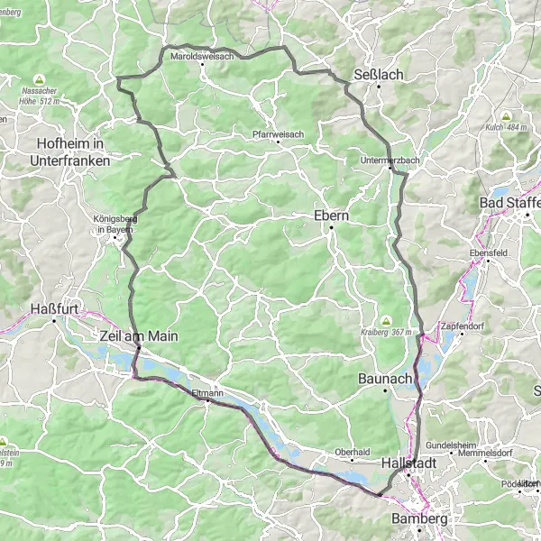 Map miniature of "Through the Hills of Oberfranken" cycling inspiration in Oberfranken, Germany. Generated by Tarmacs.app cycling route planner