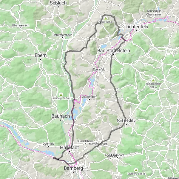 Map miniature of "Journey to Memmelsdorf" cycling inspiration in Oberfranken, Germany. Generated by Tarmacs.app cycling route planner